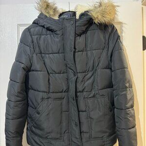 American Eagle black puffer coat faux fur lined hood